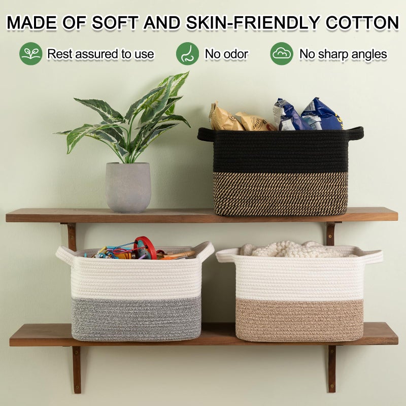 OIAHOMY Woven Storage Basket for Shelves, Rectangle Cotton Rope Baskets for Organizing, 16 x 12 x 10 in, Storage Bins for Dog Toys,Towel,Books,Gift,Brown and White - Image 2