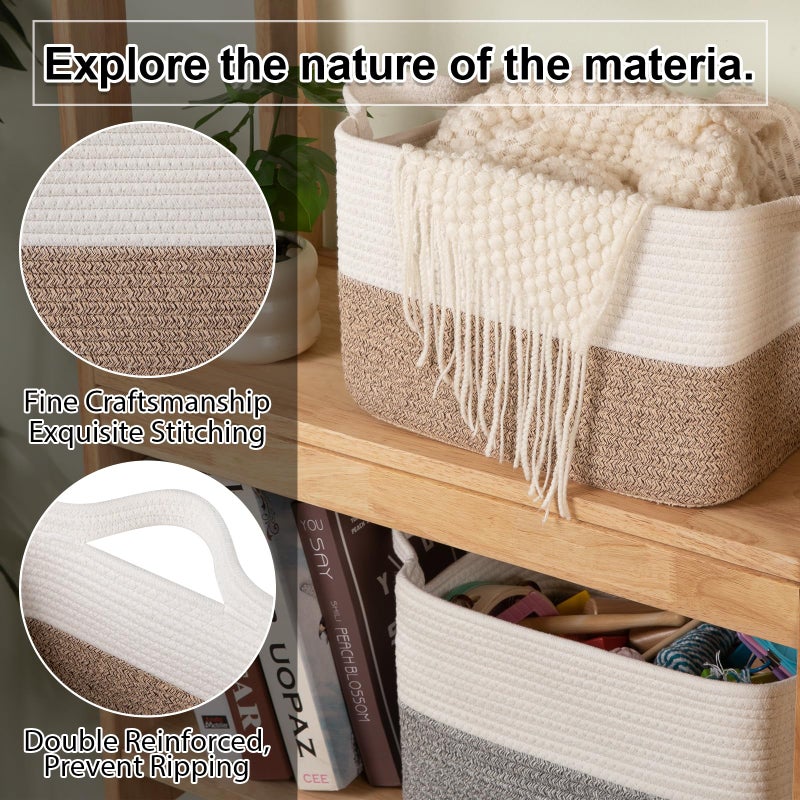 OIAHOMY Woven Storage Basket for Shelves, Rectangle Cotton Rope Baskets for Organizing, 16 x 12 x 10 in, Storage Bins for Dog Toys,Towel,Books,Gift,Brown and White - Image 5