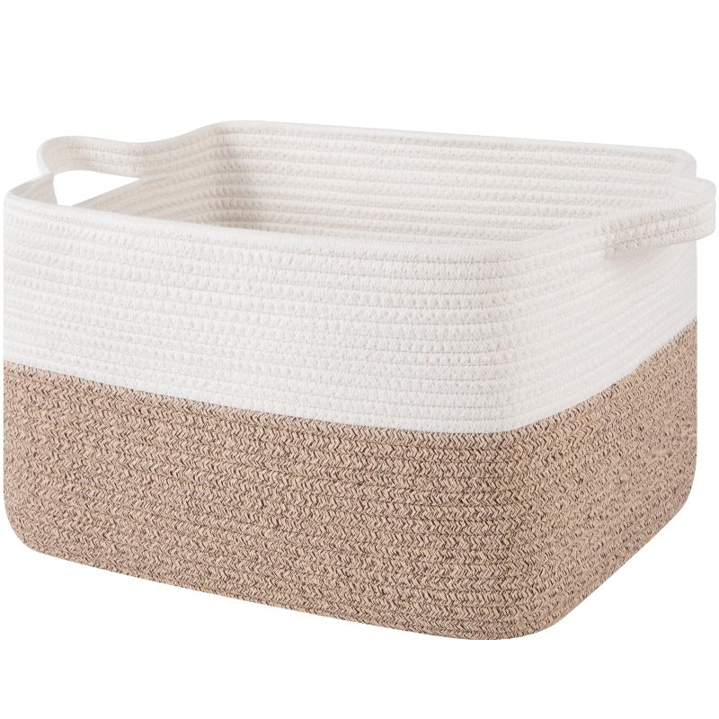 OIAHOMY Woven Storage Basket for Shelves, Rectangle Cotton Rope Baskets for Organizing, 16 x 12 x 10 in, Storage Bins for Dog Toys,Towel,Books,Gift,Brown and White - Image 1