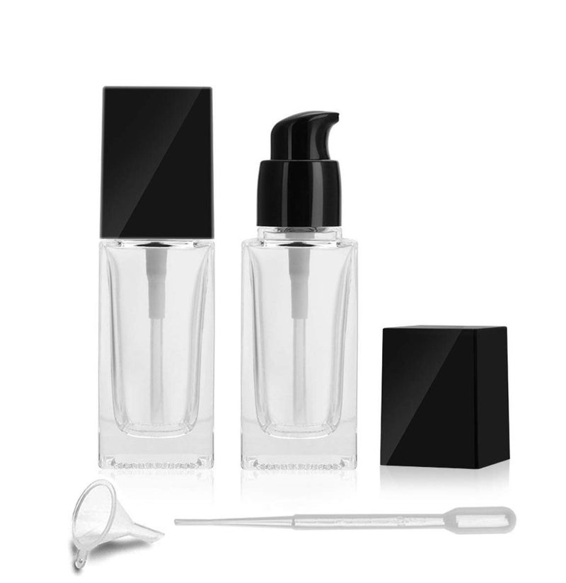Furnido 2 Pack 30ml/1 Oz clear Glass Foundation Bottle,Empty Refillable Square Lotion Bottle With Press Pump for Lotion Liquid Body Cream Cosmetic Travel Foundation Samples Vials-Pipette&Funnel Included 