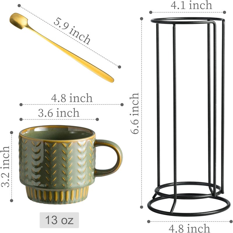 Miamolo Coffee Mugs Set of 4 with Spoons  Rack Stackable Espresso Cups 13oz Coffee Mug for Drinks Latte Cappuccino Tea Turkish Coffee Cup for Housewarming Wedding Gift Dishwasher Safe - Image 2