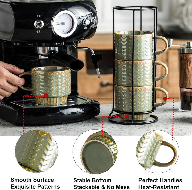 Miamolo Coffee Mugs Set of 4 with Spoons  Rack Stackable Espresso Cups 13oz Coffee Mug for Drinks Latte Cappuccino Tea Turkish Coffee Cup for Housewarming Wedding Gift Dishwasher Safe - Image 4