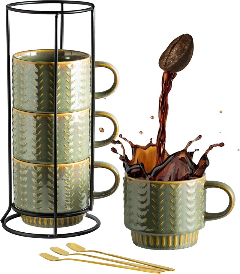 Miamolo Coffee Mugs Set of 4 with Spoons  Rack Stackable Espresso Cups 13oz Coffee Mug for Drinks Latte Cappuccino Tea Turkish Coffee Cup for Housewarming Wedding Gift Dishwasher Safe - Image 1