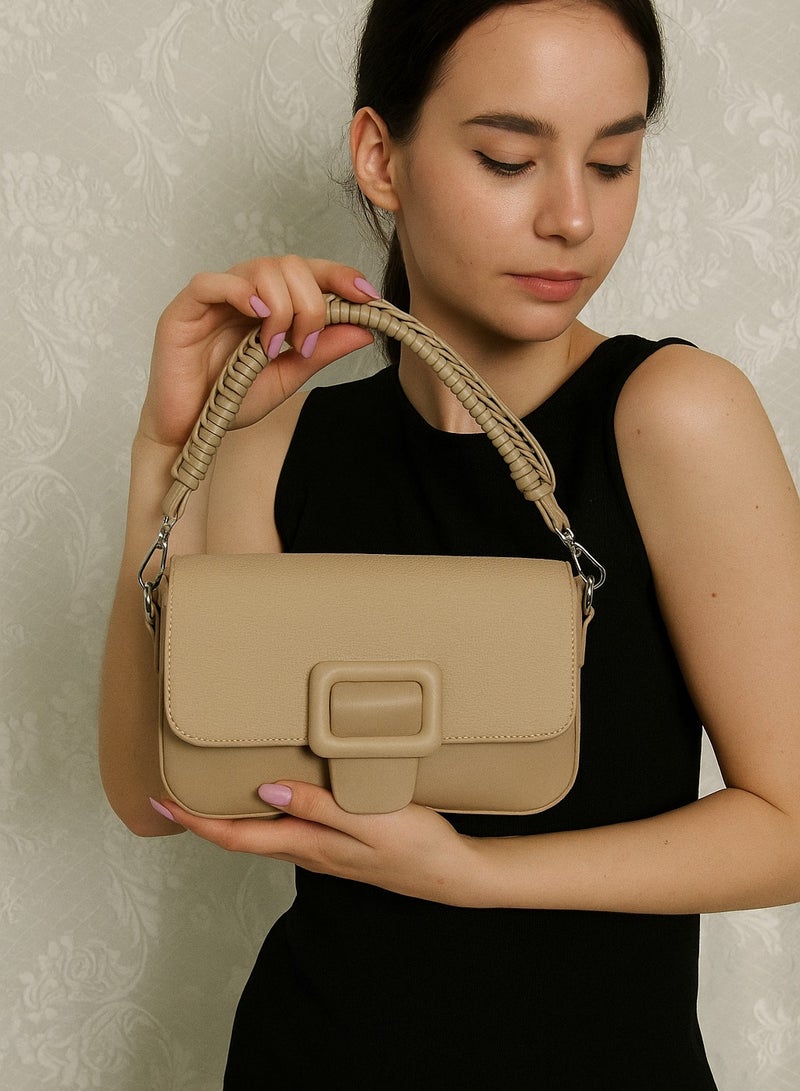 Women’s Elegant Leather Handbag with Braided Handle – Chic & Practical Shoulder Bag with Removable Strap - Image 1