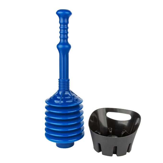 BLUE BELLOWS ACCORDION TOILET PLUNGER WITH BLACK STORAGE TRAY