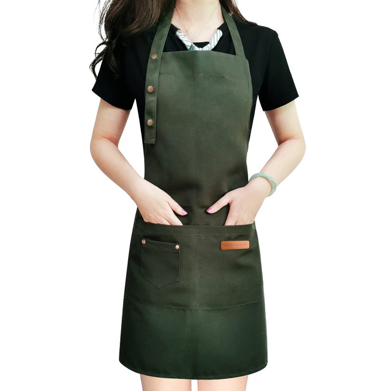 LOYGLIF Apron for Men Women with Adjustable Straps and Large Pockets Canvas Cotton Cooking Kitchen Chef Bib Aprons Waterproof Green