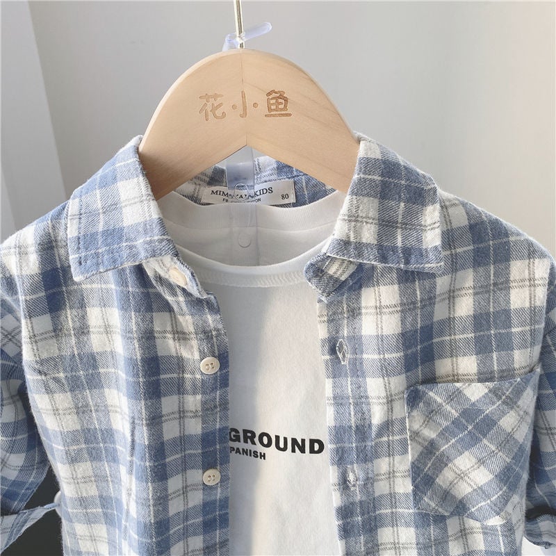 Boys' Blue Plaid Long-Sleeved Shirt 2025 Autumn New Spring & Fall Kidsren'S Shirt Kidsren'S Trendy Baby Tops And Jackets - Image 5