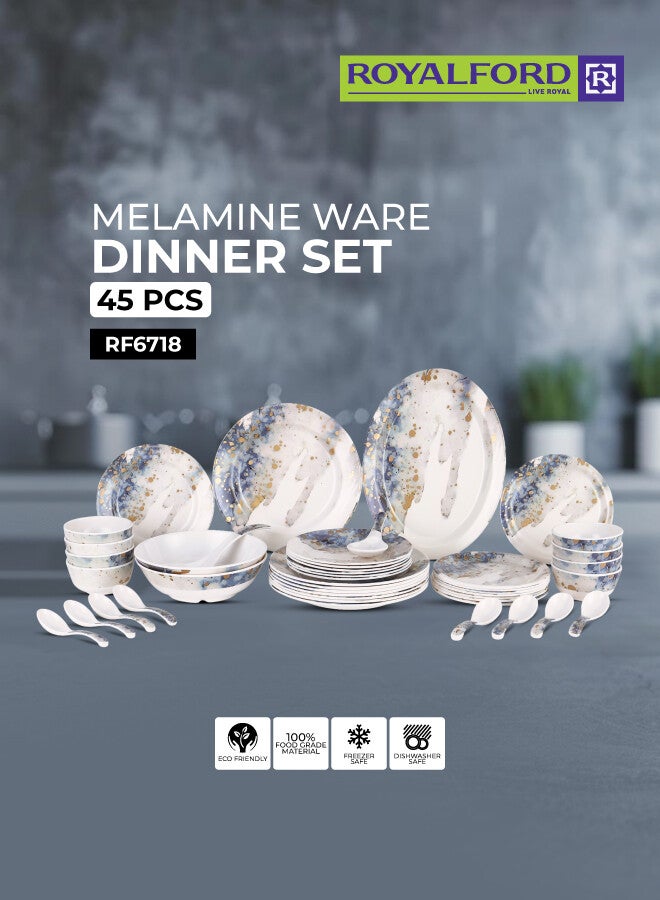 Royalford 45 Pieces Melamine Ware Dinner Set Top Rack Dishwasher Safe Freezer Safe Break Resistant Premium Quality Lightweight Chip Resistant White/Blue - Image 1