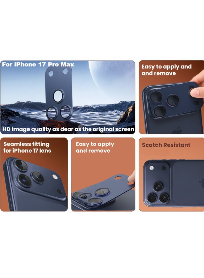 لأجهزة iPhone 17 Pro max واقي عدسة الكاميرا غطاء الكاميرا من الزجاج المقوى حافظة معدنية بحلقة سهلة التركيب ومقاومة للخدش - أزرق غامق - Image 3