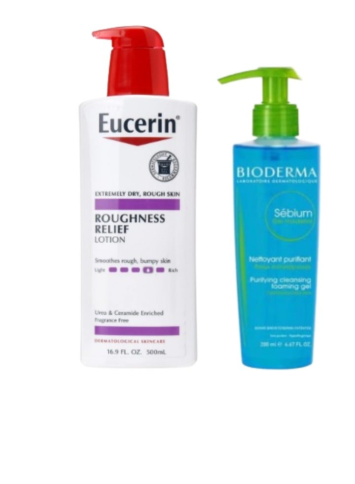 Eucerin Roughness Relief Lotion - Full Body Lotion for Extremely Dry, Rough Skin - Pump Bottle White 500ml + Sebium Foaming Gel Blue 200ml