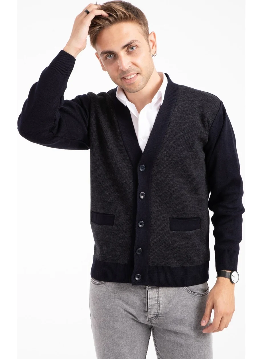 Mutlu City Men's Middle Age and Above Knitwear Knit Acrylic Winter Dad Cardigan 2062-Navy Blue-Buttoned