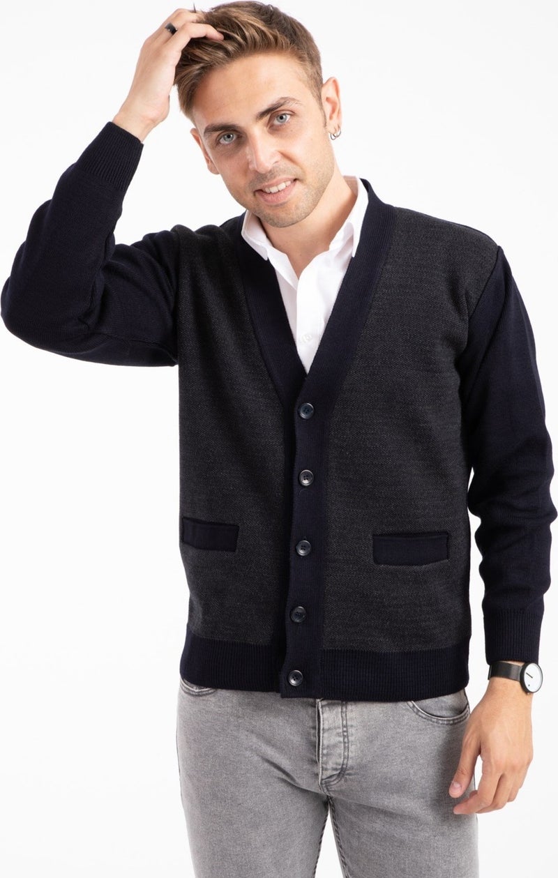 Mutlu City Men's Middle Age and Above Knitwear Knit Acrylic Winter Dad Cardigan 2062-Navy Blue-Buttoned  - Image 1