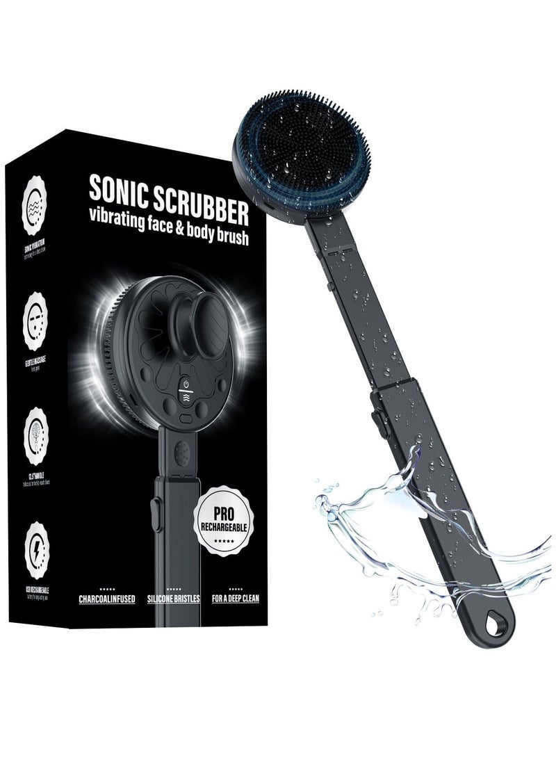 Upgraded Sonic Electric Body Scrubber Pro Waterproof Massage Brush with Charcoal Infused Silicone Bristles for Deep Cleaning Featuring Four Settings and Two Speeds