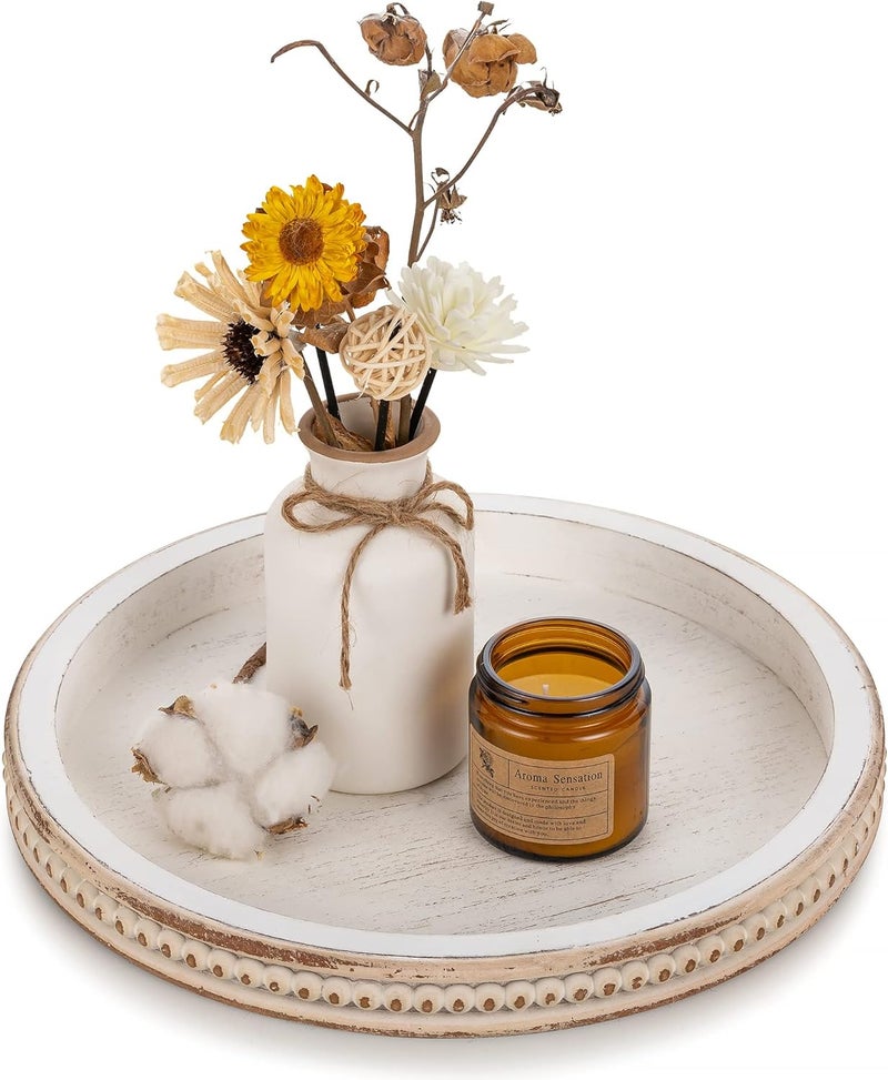 Hanobe Decorative Serving Tray Wood: White Washed Bead Round Tray Decor for Coffee Table Rustic Wooden Trays Farmhouse Centerpiece for Living Room Kitchen Counter - Image 1