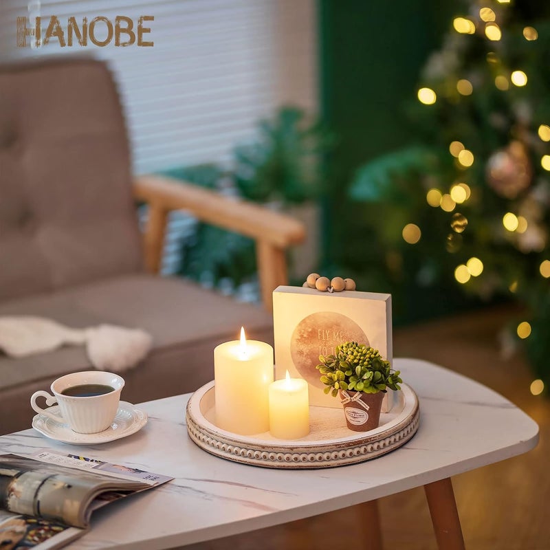 Hanobe Decorative Serving Tray Wood: White Washed Bead Round Tray Decor for Coffee Table Rustic Wooden Trays Farmhouse Centerpiece for Living Room Kitchen Counter - Image 2
