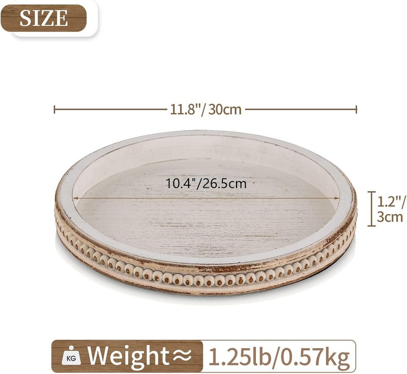 Hanobe Decorative Serving Tray Wood: White Washed Bead Round Tray Decor for Coffee Table Rustic Wooden Trays Farmhouse Centerpiece for Living Room Kitchen Counter - Image 5