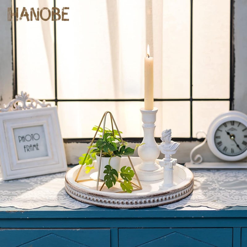Hanobe Decorative Serving Tray Wood: White Washed Bead Round Tray Decor for Coffee Table Rustic Wooden Trays Farmhouse Centerpiece for Living Room Kitchen Counter - Image 3