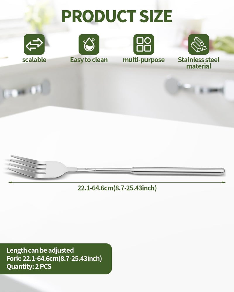 OXDFK 2 PCS Extendable Fork, Telescopic Stainless Steel Fork Set, Expandable Extension Spoon to 25.43 In Tableware, for BBQ Dinner Fruit Dessert - Image 2