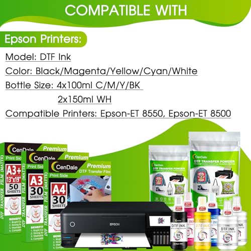 CenDale Upgraded Auto-Fill DTF Ink - 700ML DTF Transfer Ink for Epson ET-8550 ET-8500 Printers, Heat Transfer Printing Ink Set 100ml x 4 CMYK, 150 x 2 White (Anti-UV/ICC-Free) - Image 4