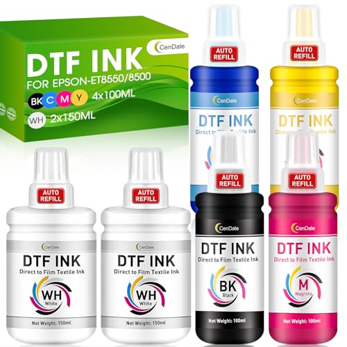 CenDale Upgraded Auto-Fill DTF Ink - 700ML DTF Transfer Ink for Epson ET-8550 ET-8500 Printers, Heat Transfer Printing Ink Set 100ml x 4 CMYK, 150 x 2 White (Anti-UV/ICC-Free) - Image 1