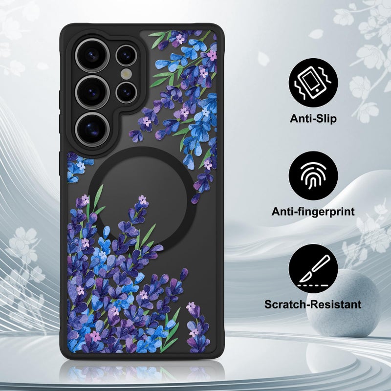 OOK Case Fit for Samsung Galaxy S25 Ultra 6.9 Inch (Wireless Charging Compatible) Purple Floral Flowers Lavender Phone Cover Soft TPU + Hard PC Anti-Scratch Shockproof Magnetic Case for Women - Image 5