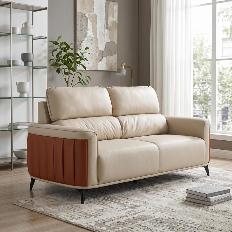 Modern 3 Seater Sofa - Premium Faux Leather Upholstered Couch with High Backrest and Slim Metal Legs - Contemporary Triple Seater Settee for Living Room, Office, and Reception (Beige Brown) - Image 1