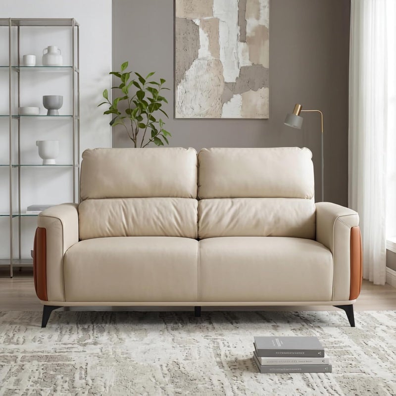 Modern 3 Seater Sofa - Premium Faux Leather Upholstered Couch with High Backrest and Slim Metal Legs - Contemporary Triple Seater Settee for Living Room, Office, and Reception (Beige Brown) - Image 3