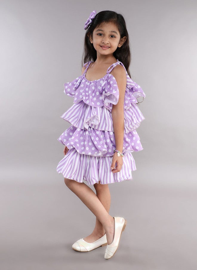 PinkChick Lavender Polka Dot Striped Layered A-Line Dress for Girls - Image 4