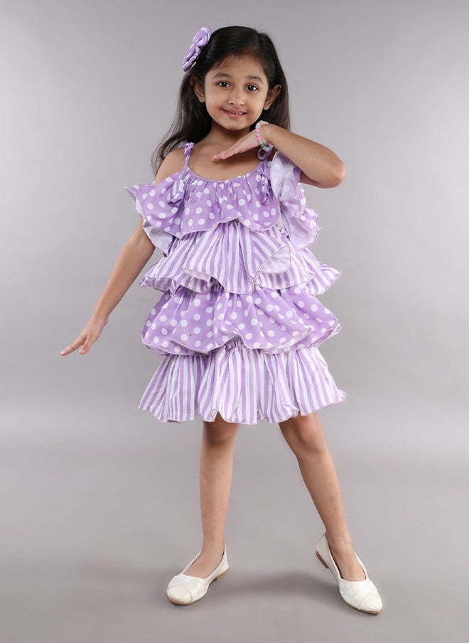 PinkChick Lavender Polka Dot Striped Layered A-Line Dress for Girls - Image 1