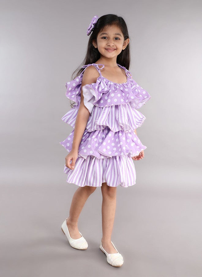 PinkChick Lavender Polka Dot Striped Layered A-Line Dress for Girls - Image 3