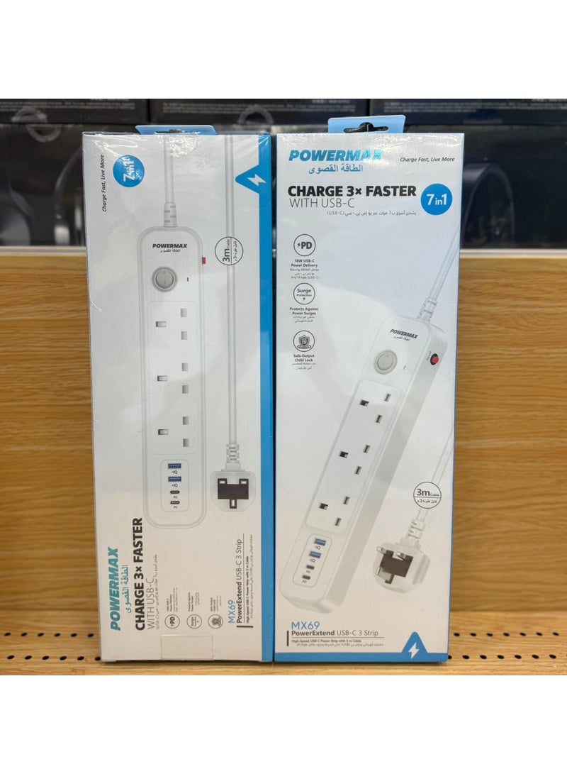 PowerMax White Hub with Super Fast PD Technology, Multi-Port Socket Suitable for All Devices, 3 Meters Long - White MX69 - Image 1