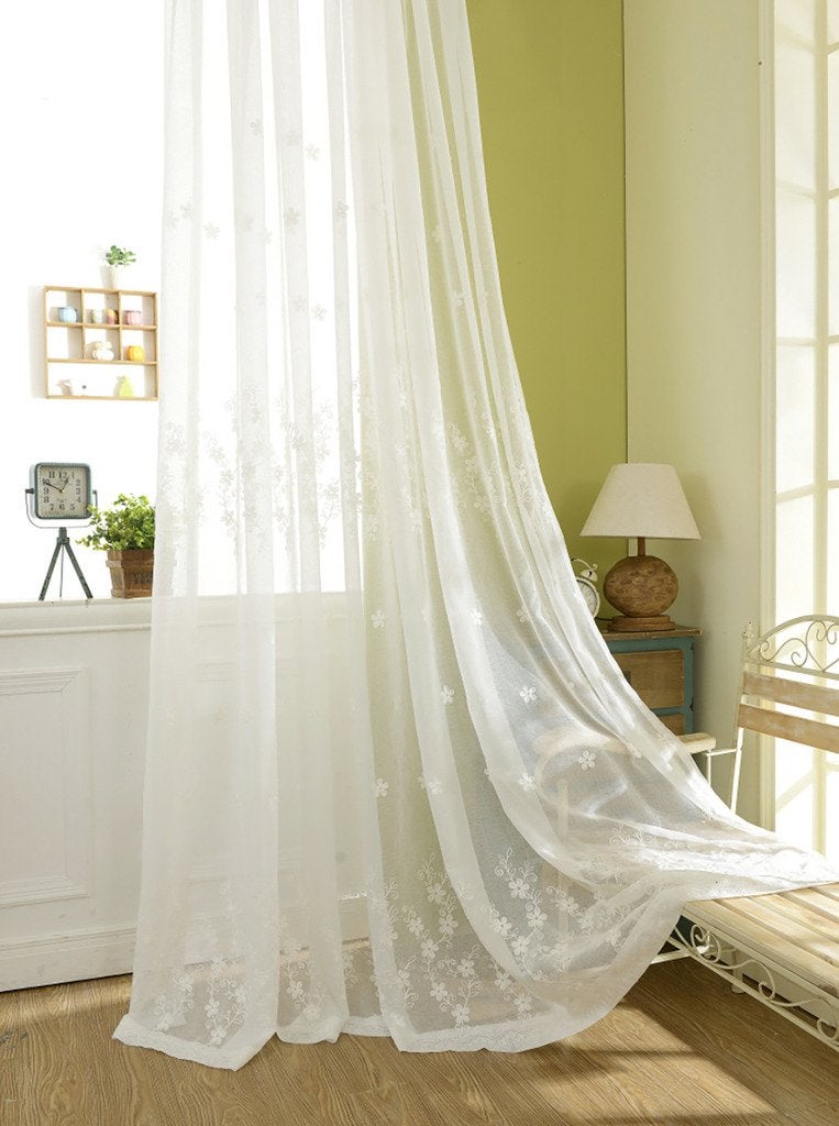 VOGOL SemiSheer Elegant Embroidered Solid White Rod Pocket Window CurtainsDrapePanelsTreatment 54 x 84Two Panels
