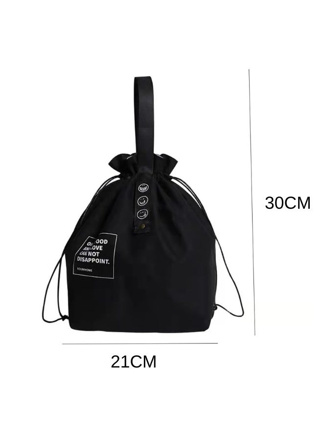 Insulated Canvas Lunch Bag - Reusable Cooler for Work, Office, Picnic & Travel - Large Capacity Drawstring Design, Black - Image 3