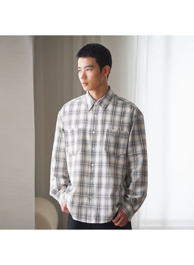 Markless Classic Plaid Shirt For Men, Spring And Autumn Season, Bubble Gauze Fabric, Casual Long-sleeve Shirt Jacket 5502, Beige Plaid, Size L - Image 2