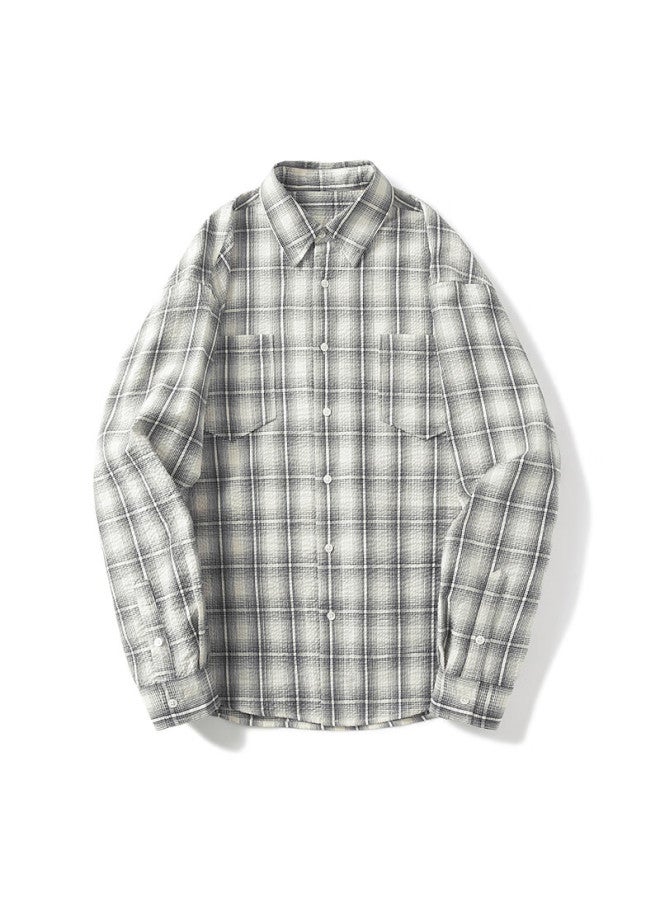 Markless Classic Plaid Shirt For Men, Spring And Autumn Season, Bubble Gauze Fabric, Casual Long-sleeve Shirt Jacket 5502, Beige Plaid, Size L - Image 4