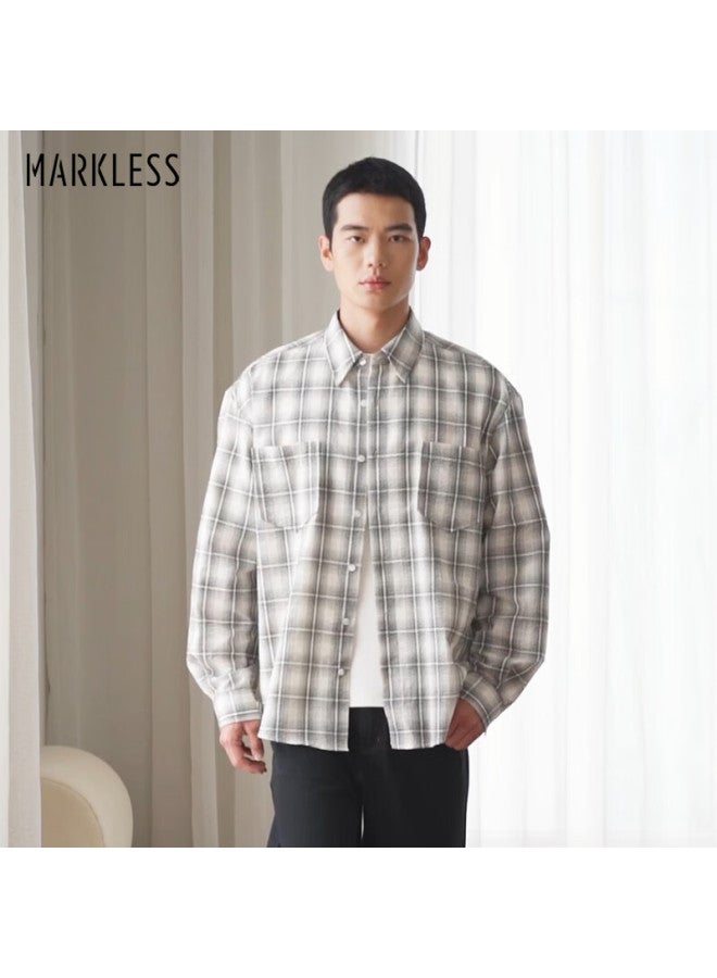 Markless Classic Plaid Shirt For Men, Spring And Autumn Season, Bubble Gauze Fabric, Casual Long-sleeve Shirt Jacket 5502, Beige Plaid, Size L - Image 1