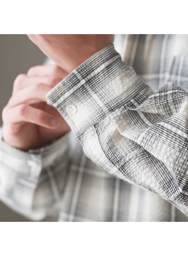 Markless Classic Plaid Shirt For Men, Spring And Autumn Season, Bubble Gauze Fabric, Casual Long-sleeve Shirt Jacket 5502, Beige Plaid, Size L - Image 3