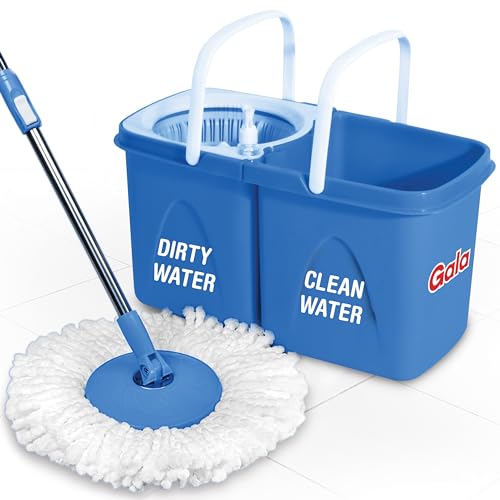 Gala Twin Bucket Spin Mop, 2 Microfiber Refills, Floor Cleaning Mop stick with Bucket, pocha for floor cleaning, Mopping Set with two buckets (white and blue) - Image 1