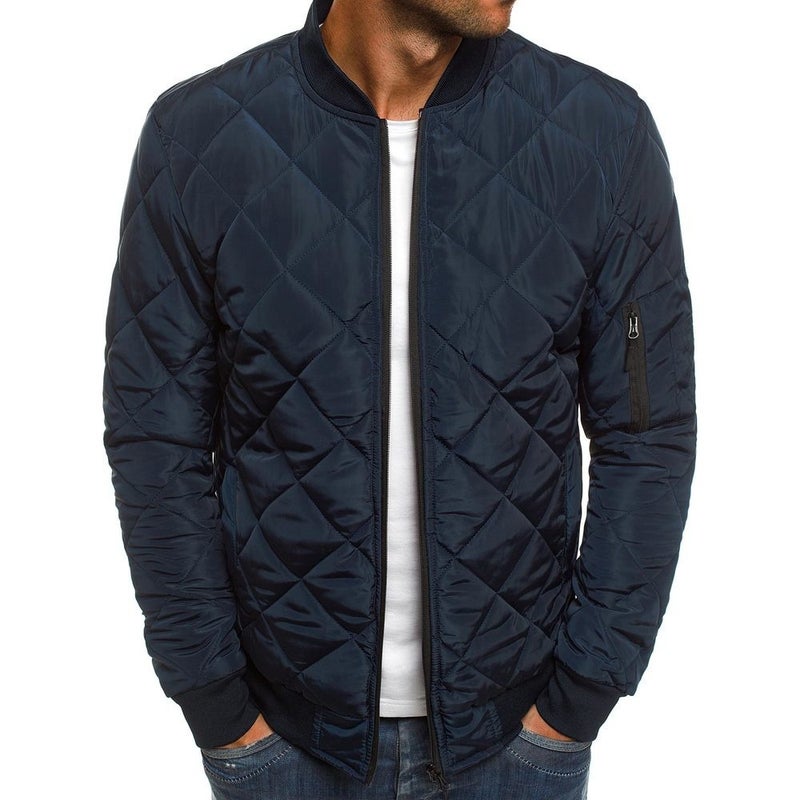 Winter Mens Cotton-padded Coat Argyle Pattern Stand Collar Short Style Mens Wear White T-shirt  - Image 3