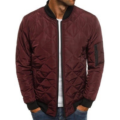 Winter Mens Cotton-padded Coat Argyle Pattern Stand Collar Short Style Mens Wear White T-shirt  - Image 4