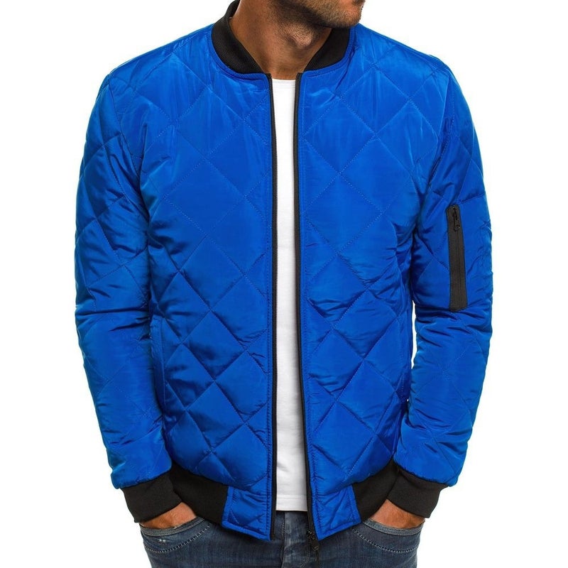 Winter Mens Cotton-padded Coat Argyle Pattern Stand Collar Short Style Mens Wear White T-shirt  - Image 5