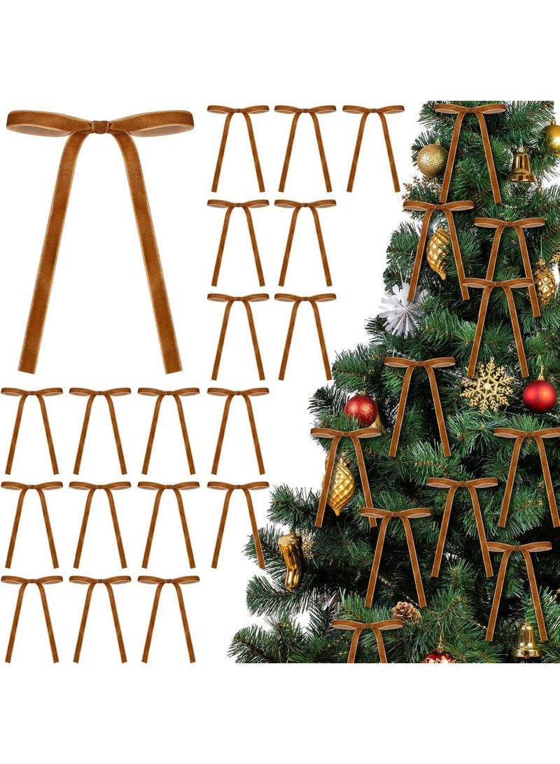 24 Pcs Velvet Christmas Bows for Christmas Tree, Rustic Crafts Gift Bows Vintage Velvet Ribbon Bows for Xmas Home Outdoor Indoor(Khaki,5.1 x 7.1 Inch, Width of 3/8in) - Image 1