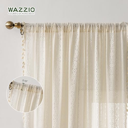 WAZZIO ستائر وازيو بوهو من الدانتيل بطول 84 بوصة، 2 لوحة، ستائر فينتاج بوهو مزرعة بتصميم كروشيه هندسي، ستائر شفافة بلون الكريمة للخصوصية، مثالية لغرفة المعيشة أو غرفة النوم، بيج - Image 4