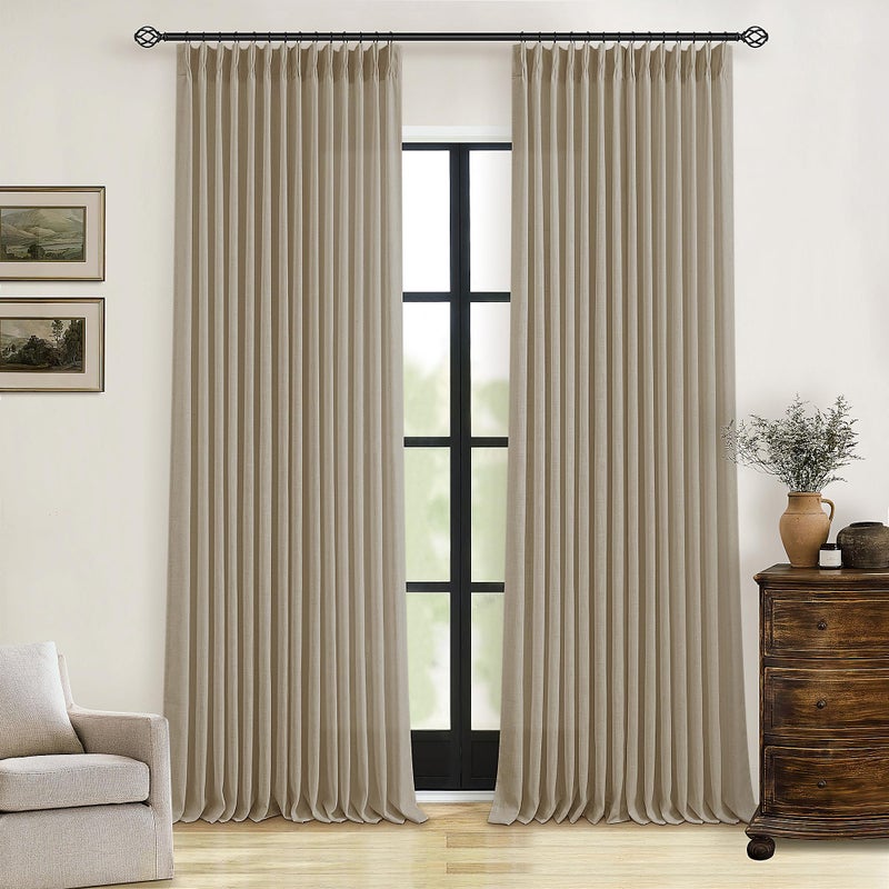 TWODRAPES Pinch Pleated Linen Curtains 102 Inches Long 2 Panels Set for Living Room Bedroom Farmhouse Burlap Back Tab Pinch Pleat Drapes Ceiling Floor Window Curtains 102 Inch Length Gray Beige Tan Neutral - Image 1