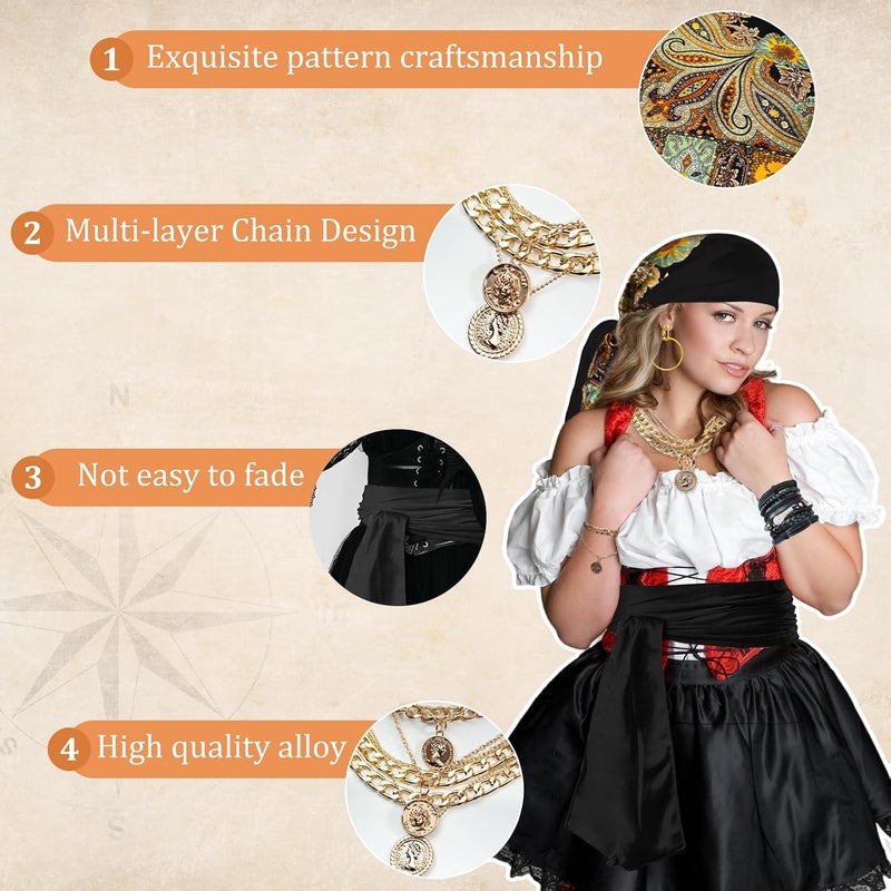 WYVAS 7 Pcs Women's Pirate Costume Accessories: Scarf, Sash Belt, Eye Patch & Jewelry for Cosplay Party Carnival Mardi Gras - Image 5