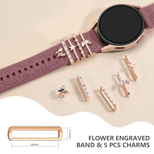 DaQin Flower Engraved Band Compatible with Samsung Galaxy Watch 7 Band/FE 6 5 4 40mm 44mm,Galaxy Active 2, 20mm Watch Band Soft Silicone Replacement Strap with Decorative Charms Accessories Women - Image 4