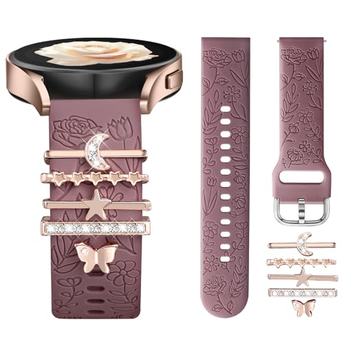 DaQin Flower Engraved Band Compatible with Samsung Galaxy Watch 7 Band/FE 6 5 4 40mm 44mm,Galaxy Active 2, 20mm Watch Band Soft Silicone Replacement Strap with Decorative Charms Accessories Women - Image 1