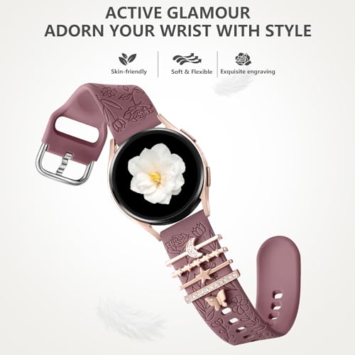 DaQin Flower Engraved Band Compatible with Samsung Galaxy Watch 7 Band/FE 6 5 4 40mm 44mm,Galaxy Active 2, 20mm Watch Band Soft Silicone Replacement Strap with Decorative Charms Accessories Women - Image 5