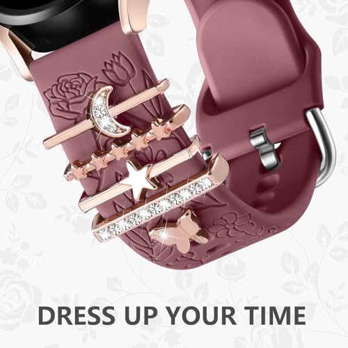 DaQin Flower Engraved Band Compatible with Samsung Galaxy Watch 7 Band/FE 6 5 4 40mm 44mm,Galaxy Active 2, 20mm Watch Band Soft Silicone Replacement Strap with Decorative Charms Accessories Women - Image 3