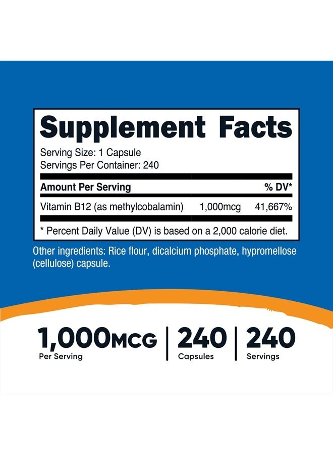 Nutricost فيتامين ب12 (ميثيلكوبالامين) 1000 ميكروغرام، 240 كبسولة - نباتي، غير معدل وراثيًا وخالي من الغلوتين مكمل ب12 - Image 2